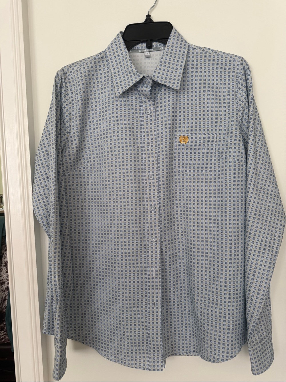 Womens Light Blue Patterned Button-Down Shirt by cinch